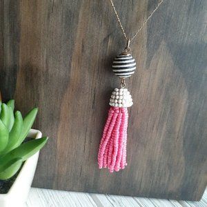 John Wind Maximal Art Hot Pink Seed Bead Tassel Pendant Necklace